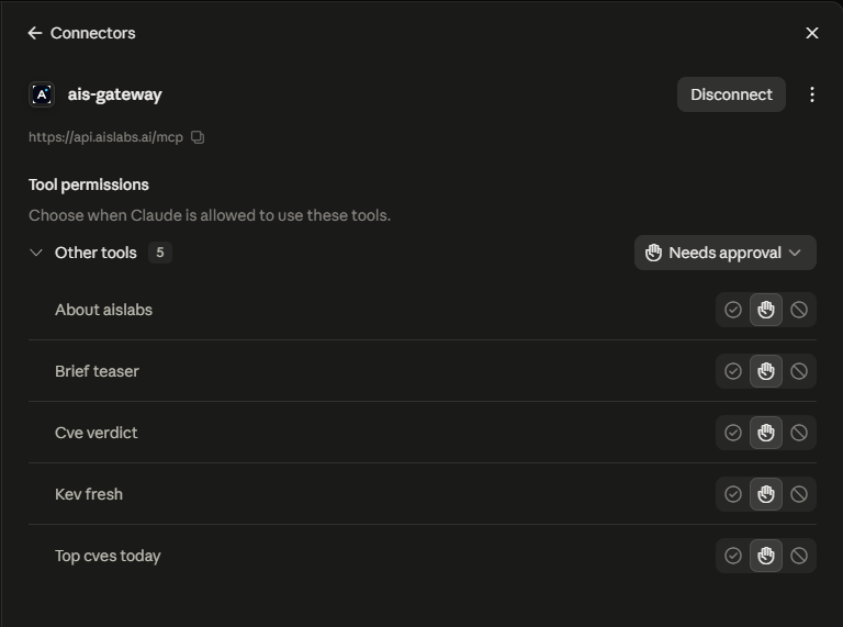 Claude app: the connector connected, listing tools with per-tool permission controls